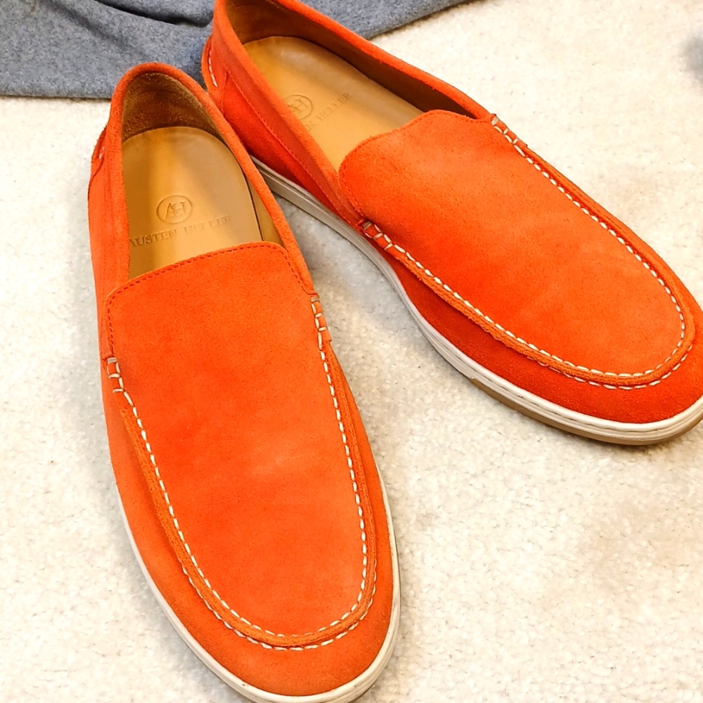 Austen Heller mens orange suede loafers. size 10.5